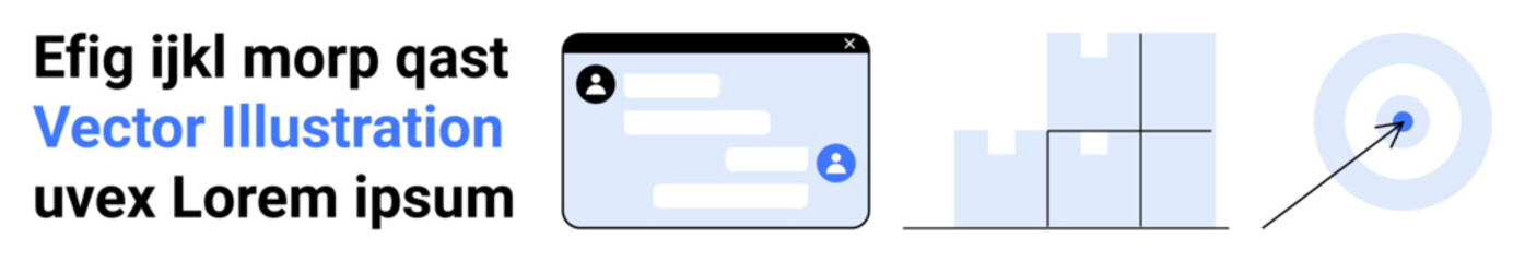 Fototapeta premium Business communication, data visualization, goal management, team collaboration, strategic planning, digital tools. Chat window, bar graph and target icon. Business communication and data
