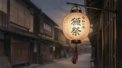 Japanese paper lantern hanging in traditional street at dusk  