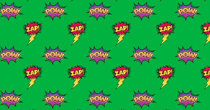 Animation of multiple comic book bubbles with POW and ZAP written in yellow on a white background