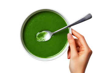Spinach soup with vibrant green color woman's hand gently stirring on transparent background