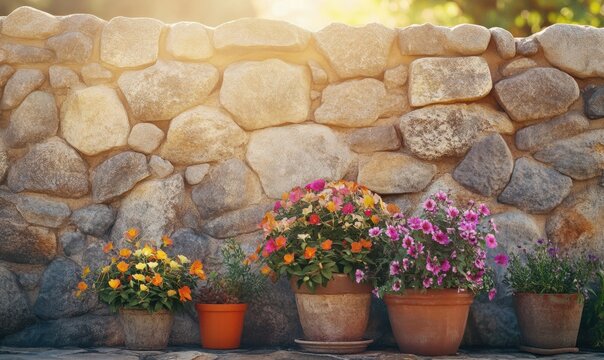 Rustic stone wall with vibrant potted flowers in front, warm sunlight enhancing the textures and colors, peaceful outdoor garden scene, vintage charm, - Powered by Adobe