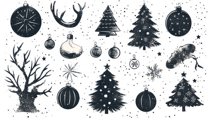Stipple Christmas and New Year design elements set vintage style on transparent background