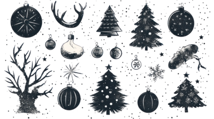 Stipple Christmas and New Year design elements set vintage style on transparent background