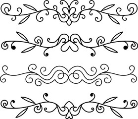 Ornamental scroll page divider design set with elegant symmetrical line flourishes ideal for invitations, layouts and frames .
