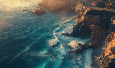 Scenic aerial view of a winding coastal road with turquoise waves crashing against rocky cliffs, golden light at sunset creating a dramatic and breathtaking view,