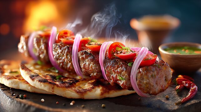 Juicy Kebabs on Toasted Naan Bread with Onions and Peppers