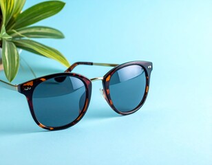Sunglasses and plant on a light blue background