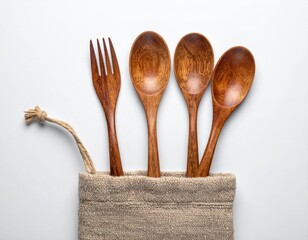 Wooden utensils, including fork and spoons, in a linen pouch