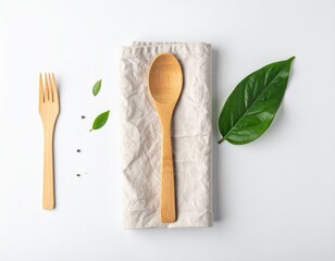 Overhead shot of a dining scene with cutlery and organic elements