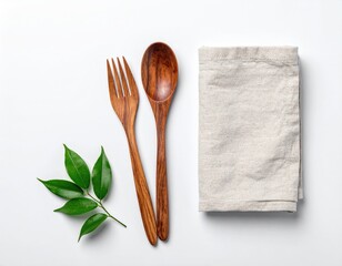 Wooden cutlery, cloth napkin, and leaves on a pristine white surface