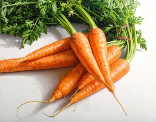 Close up of vibrant, fresh carrots with green tops on white surface