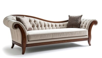 Elegant chaise lounge with tufted back and wooden frame on white.