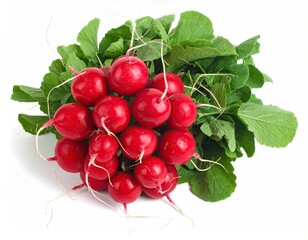 Bunch of vibrant red root vegetables with green leafy tops