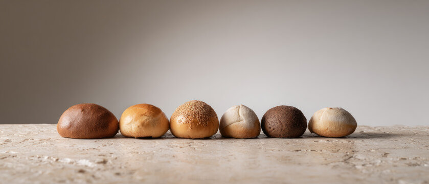 Assorted bread rolls in row on rustic stone
