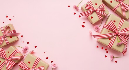 A collection of beautifully wrapped gift boxes tied with red and white striped ribbons, scattered on a soft pink background with small hearts