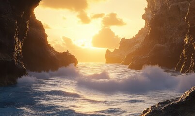 Scenic coastal cliffs with waves crashing below, soft golden light at sunset illuminating the dramatic and serene landscape, perfect for travel and adventure photography,