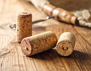 Wine corks and a corkscrew on a weathered wooden table image photo