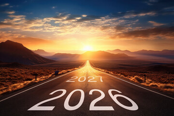 2026 written on country highways road with mountain over beautiful sun rising sky, Happy new year 2026, Start up, Future vision and Goal concept