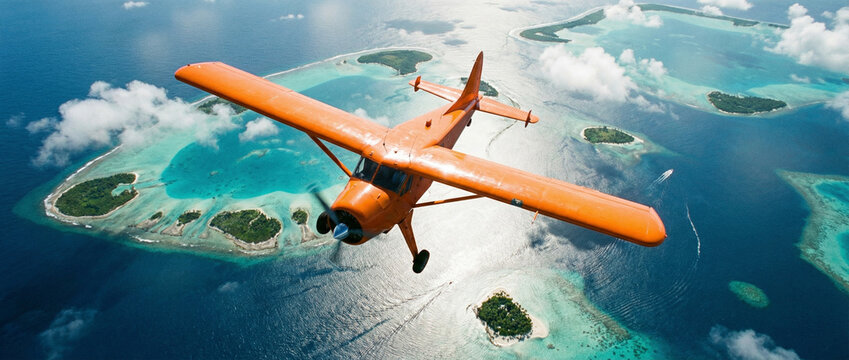  Top-down aerial of an orange bush plane flying over tropical lagoons