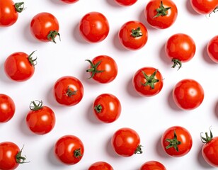 Vivid overhead shot of scattered cherry tomatoes on a white surface