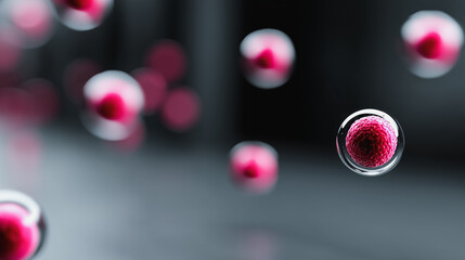 A cluster of abstract cells floats gracefully against a blurred background, invoking a sense of scientific exploration and microscopic wonder.