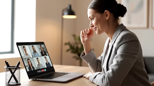 A woman in a grey suit is on a video call, looking at the laptop screen