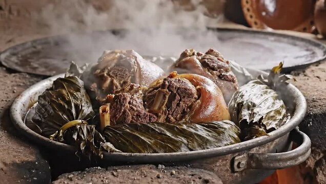 Steaming Traditional Mexican Barbacoa Meat Cooked in Leaves