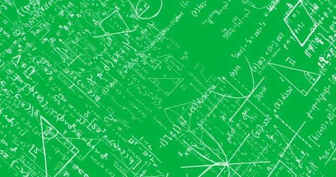Animation of white mathematical equations and geometric drawings on blackboard