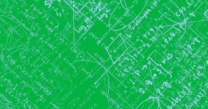 Animation of blue mathematical equations and geometric drawings on blackboard