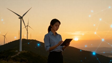 Woman with tablet near wind turbines at sunset