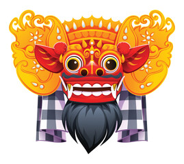 Traditional Balinese Barong mask with golden ornaments. Vector cartoon illustration