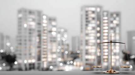 Focus on Real Estate Law Compliance With Legal Scales in Front of a City Skyline During Evening Hours of Activity