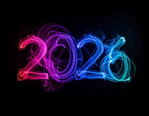 Colorful wisps of smoke form "2026" on a black background