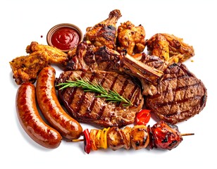 Grilled meats, sausages, wings, and kebabs, all arranged for a feast