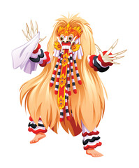 Rangda dancer from Bali in a dynamic pose with long hair and claws. Vector cartoon character illustration