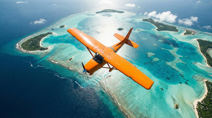 Fototapeta premium Top-down aerial of an orange bush plane flying over tropical lagoons