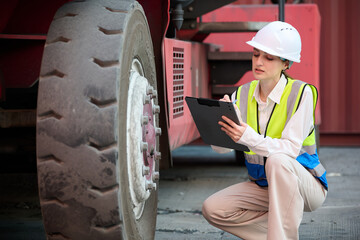 Worker is inspecting the large tire of a forklift at the container yard © offsuperphoto