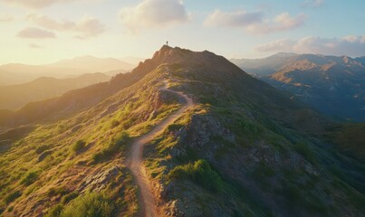 Scenic mountain landscape with winding trails and a hiker standing at the peak, captured during golden hour