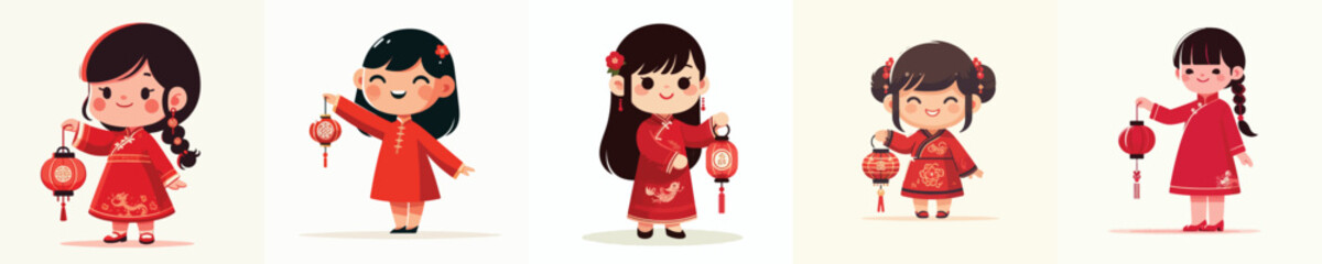 vector of a little girl standing hold a Chinese New Year lantern © My_Vector