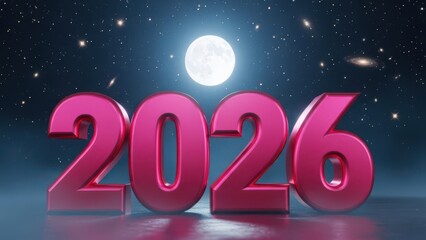 3D Metallic Pink new year 2026 Full Moon and Stars 