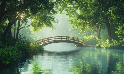 Fototapeta premium Scenic riverside view with a wooden bridge and lush greenery, soft morning light reflecting on the water creating a peaceful and picturesque escape,