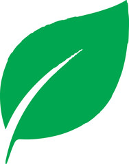 Simple flat vector illustration of a solid green leaf with a clean, jagged-edge silhouette. This minimalist nature icon represents growth, ecology, organic products, and sustainability.
