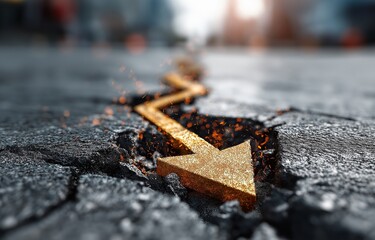The financial crisis and market collapse are symbolized by the steep fall arrow striking and cracking the concrete floor.