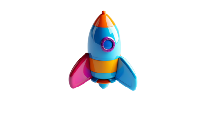 A colorful, cartoon-like rocket ship against a stark black background