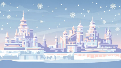 Obraz premium Winter wonderland scene with snow covered fantasy castle and towers in pastel colors, snowfall and serene blue sky