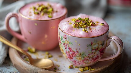 Pink Lattes with Pistachio Topping on Floral Mugs