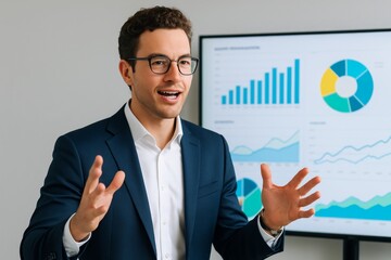 Confident businessman presenting financial data with expressive gestures during meeting in front of large screen with charts and graphs in office setting. Ai generative