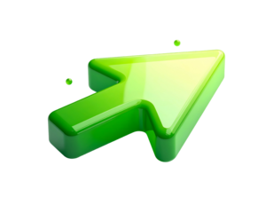 Shiny, green, 3D arrow pointing diagonally upwards against a black background