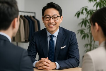 Smiling businessman in formal suit talking to two colleagues in office meeting setting, showcasing teamwork and professional communication concept. Ai generative