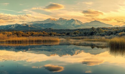 Scenic sunset view of a mountain range with golden light reflecting on a calm lake, soft pastel tones, peaceful and serene atmosphere, panoramic view, sharp detail,